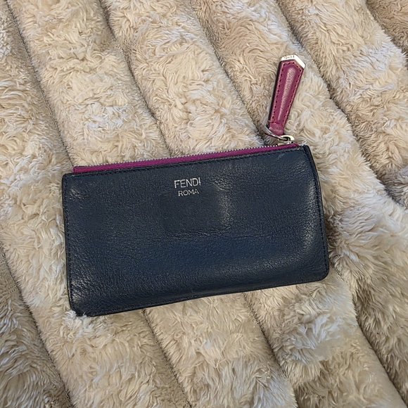Fendi Handbags - Authentic Vintage Fendi Roma Leather Zip Wallet Card Case - Navy with Pink Trim